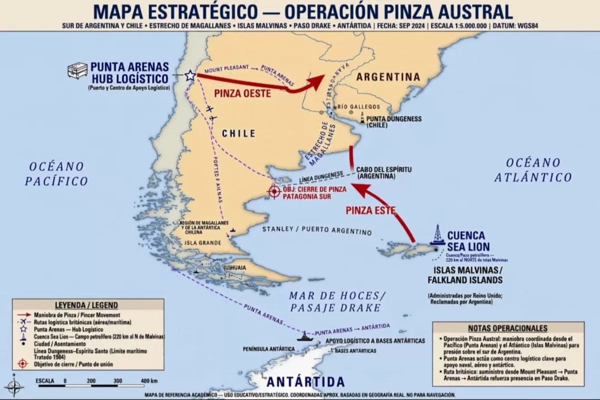 Malvinas al este y Punta Arenas al oeste, la hip&oacute;tesis que alerta sobre un cerco estrat&eacute;gico contra Argentina