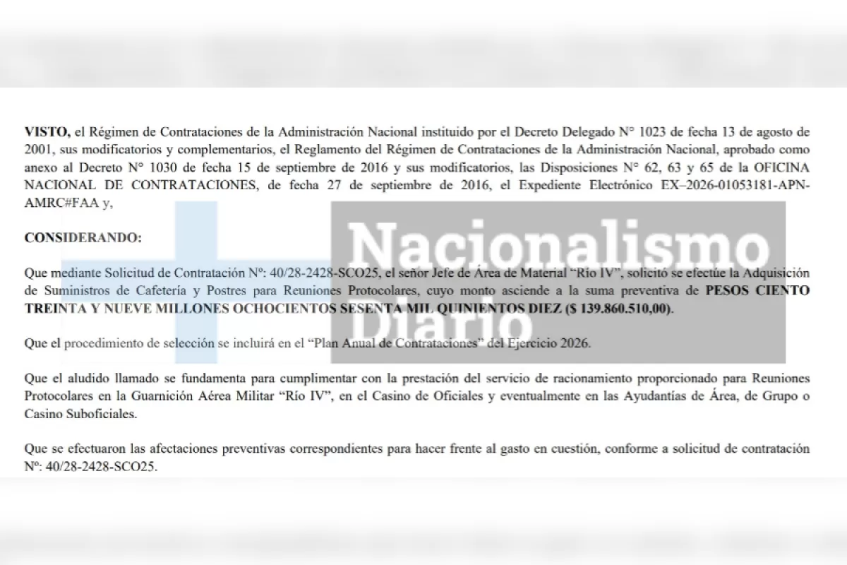 El Ministerio de Defensa conducido por Carlos Presti aprob&oacute; la adquisici&oacute;n de insumos gastron&oacute;micos para actos oficiales
