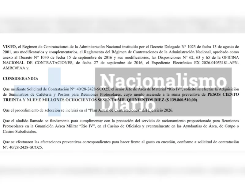 El Ministerio de Defensa conducido por Carlos Presti aprob&oacute; la adquisici&oacute;n de insumos gastron&oacute;micos para actos oficiales